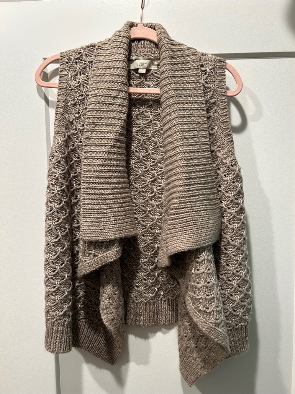 LOFT Taupe Crochet Open-Front Sweater Vest